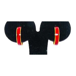 Vintage Monet Gold Tone Red Enamel Hoop Earrings Pierced Signed 1"